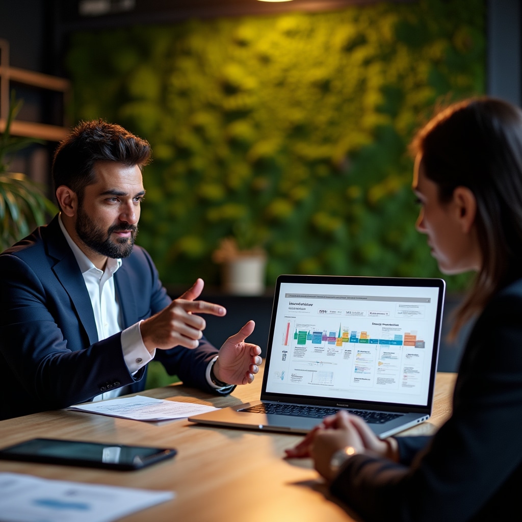 Business consultant meeting with client reviewing digital systems implementation plan on laptop