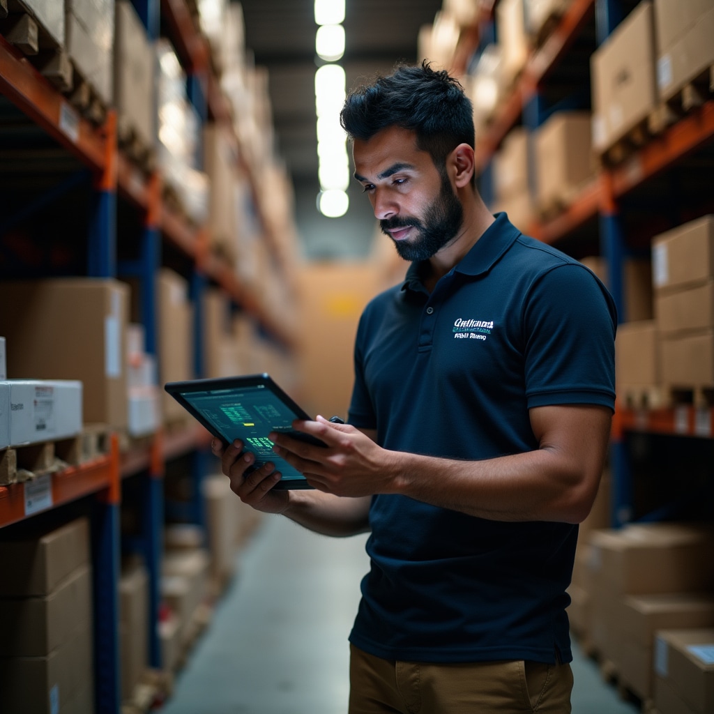 Warehouse manager using tablet to scan and track inventory items on organized shelving system